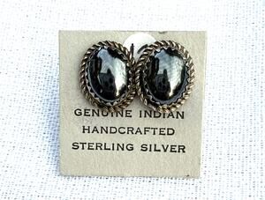 Vintage Navajo Sterling 925 Hematite Oval Rope Border Stud Earrings, Signed "H"